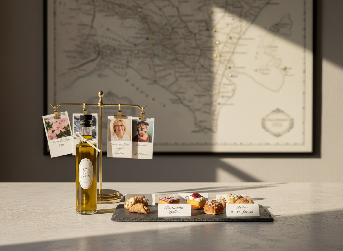 A refined still life illustrating local Palermo vendor selection: on a light stone countertop rests a curated spread of tasting cards and mini sample items. There is a small slate board with artfully arranged pastry bites, labeled with tiny, calligraphed cards for different patisseries, a glass vial of extra-virgin olive oil tagged with a simple kraft label, and miniature printed profiles of local florists clipped to a brass stand. In the softly blurred background, a map of Palermo hangs on a neutral wall, with delicately marked neighborhoods. Warm, late-morning natural light from a nearby window creates subtle reflections on glass surfaces and soft shadows. Photographic realism, eye-level close-up, with a calm, luxurious atmosphere that communicates thoughtful, locality-focused supplier selection without any human figures.