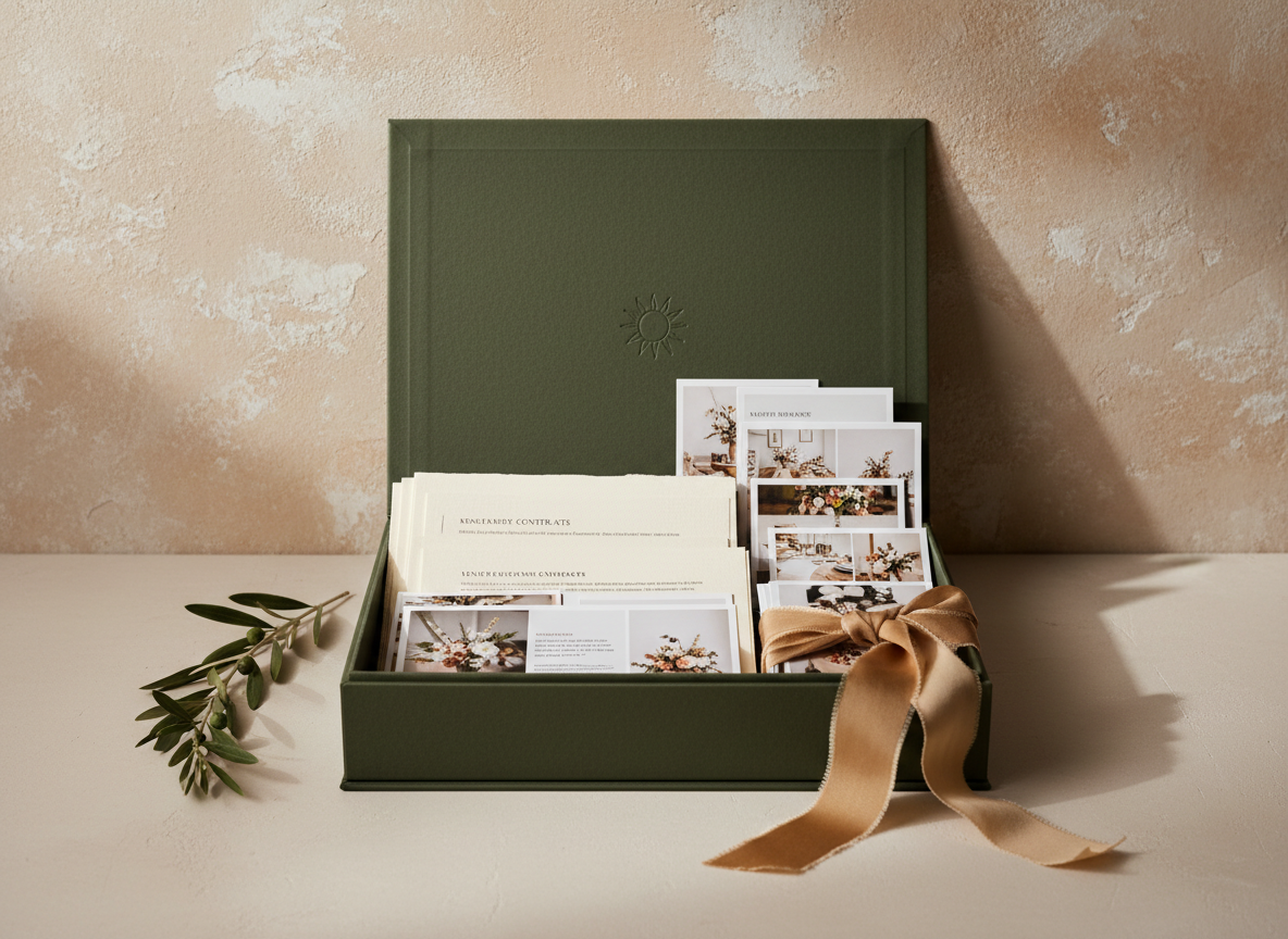 A moody yet refined image of a vendor proposal package prepared by a high-end wedding agency: a deep olive-green presentation box with a subtle sun logo, opened to reveal meticulously arranged sample contracts, curated vendor profiles printed on heavy cotton paper, and a set of mini look-cards tied with raw silk ribbon in sand and champagne tones. Behind the box, a textured plaster wall in warm neutral hues provides a minimalist backdrop, with a single sprig of olive leaves resting casually beside. Soft, directional studio lighting from the right creates gentle contrast and sculpted shadows, highlighting paper fibers and ribbon texture. Photographic realism, centered composition with a shallow depth of field that softly blurs the wall, conveying exclusivity, structure, and a sense of calm, reliable guidance for wedding planning.