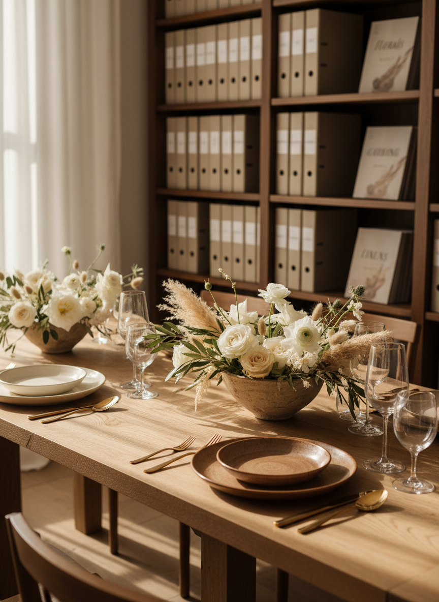 A refined reception table vignette showcasing vendor curation: a long, natural oak table set with mismatched yet harmoniously coordinated ceramic plates in warm whites and soft taupes, crystal stemware, and brushed gold flatware. Low stoneware bowls overflow with seasonal white and cream flowers, olive branches, and dried grasses, hinting at Sicilian landscapes. In the background, blurred shelves display neatly labeled sample binders and carefully arranged catalogues. Soft golden hour sunlight filters through sheer curtains, creating a warm, luminous glow and delicate reflections on the glass. Photographic realism, eye-level composition with a gentle diagonal leading line along the table, capturing a serene, sophisticated mood that communicates meticulous selection of wedding suppliers without showing any people.