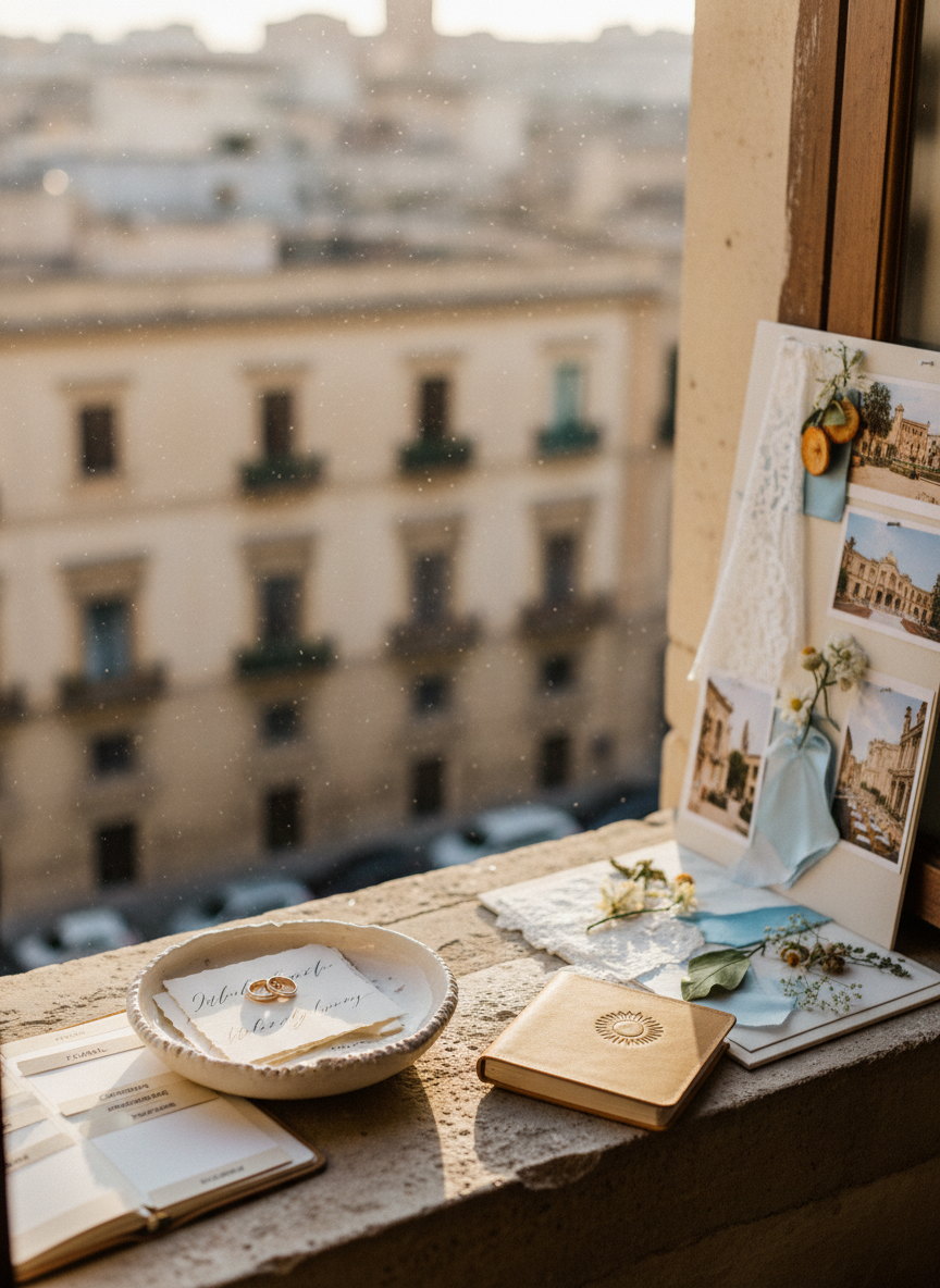 A luminous still life of Sicilian-inspired wedding details arranged on a sunlit stone windowsill overlooking a softly blurred Palermo cityscape. A delicate, handmade ceramic dish holds intertwined wedding bands resting on torn-edge parchment place cards, while beside it lies a vendor moodboard featuring fabric snippets, pressed flowers, and miniature photos of venues and decor. A slim, leather-bound planner embossed with a minimalist sun icon is partially opened, revealing neatly tabbed sections for different suppliers. Late afternoon Mediterranean sunlight cascades through the window, illuminating dust motes and casting gentle, elongated shadows. Photographic realism, three-quarter angle focusing sharply on the objects with a creamy bokeh background, creating an atmosphere of sophisticated romance, warmth, and thoughtful vendor selection without any human presence.