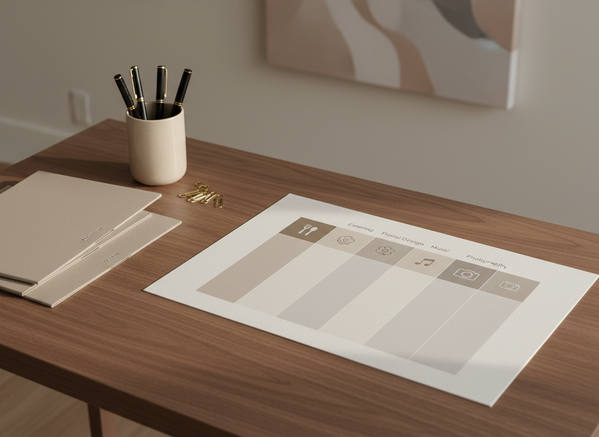 An elegant desk scene dedicated to stress-free vendor comparison: a clean walnut desk holds a large, open comparison chart printed on thick matte paper, with neatly designed columns for catering, floral design, music, and photography, each filled with tasteful icons and soft neutral color blocks. Beside it are three closed, slim folders with embossed titles like “Location”, “Catering”, and “Decor”, stacked precisely. A minimalist sand-colored ceramic cup holds fine black pens and brass clips. The background shows a softly blurred, calm studio with neutral-toned walls and a single abstract art piece. Gentle early-morning natural light enters from the right, creating a serene, productive ambiance. Photographic realism, overhead three-quarter angle, balanced composition, emphasizing clarity, organization, and the sophisticated simplicity of a well-managed wedding planning service.