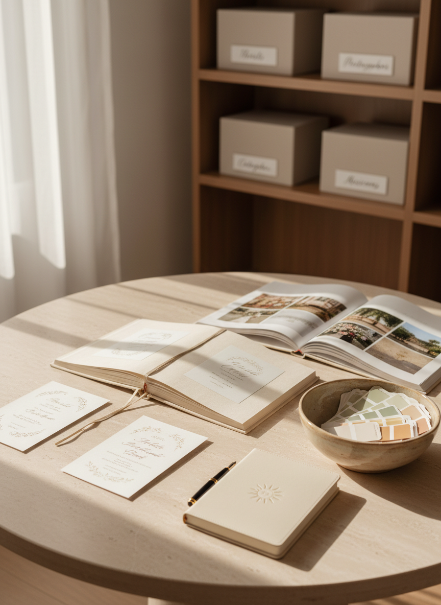 A sophisticated workspace scene of a Palermo wedding agency’s consultation corner: a pale travertine round table holds open sample books of calligraphed invitations, curated vendor lookbooks, and a single elegant notebook with a sun emblem on the cover. Beside them, a ceramic bowl filled with Pantone color chips in muted terracotta, champagne, and sage tells a visual story of palette selection. In the softly blurred background, a tall bookshelf displays neatly arranged labeled boxes for florists, photographers, caterers, and musicians. Diffused daylight from an unseen window washes the scene in a gentle, creamy light, creating soft shadows. Photographic realism, slight over-the-shoulder angle, with a calm, organized, and premium ambiance emphasizing reduced stress through orderly, aesthetic planning tools only.