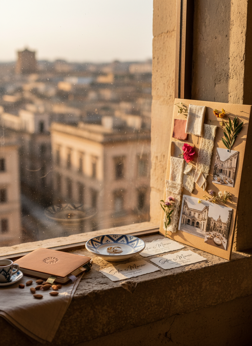 A luminous still life of Sicilian-inspired wedding details arranged on a sunlit stone windowsill overlooking a softly blurred Palermo cityscape. A delicate, handmade ceramic dish holds intertwined wedding bands resting on torn-edge parchment place cards, while beside it lies a vendor moodboard featuring fabric snippets, pressed flowers, and miniature photos of venues and decor. A slim, leather-bound planner embossed with a minimalist sun icon is partially opened, revealing neatly tabbed sections for different suppliers. Late afternoon Mediterranean sunlight cascades through the window, illuminating dust motes and casting gentle, elongated shadows. Photographic realism, three-quarter angle focusing sharply on the objects with a creamy bokeh background, creating an atmosphere of sophisticated romance, warmth, and thoughtful vendor selection without any human presence.