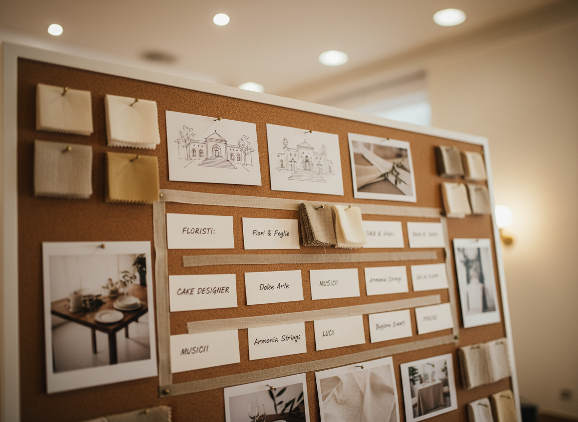 A cinematic close-up of a large cork vision board in a Palermo wedding agency studio, completely filled with carefully pinned wedding inspiration and supplier references. There are tiny venue sketches, fabric swatches in warm neutrals, small labeled cards for florists, cake designers, musicians, and lighting experts, along with Polaroid-style photos of table settings and decor textures. Fine linen ribbons and brass pins hold everything in an orderly yet creative grid. Warm, diffused overhead lighting and a subtle side glow from an unseen window create soft shadows between pins and cards. Photographic realism, shot at a slight angle with a shallow depth of field that keeps the center sharply in focus while edges blur, producing a sophisticated, creative, and reassuring mood that visually represents the agency’s curated supplier selection process.