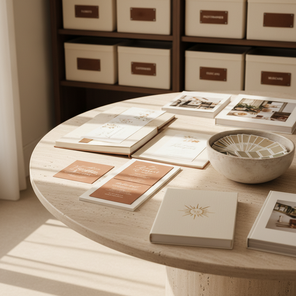 A sophisticated workspace scene of a Palermo wedding agency’s consultation corner: a pale travertine round table holds open sample books of calligraphed invitations, curated vendor lookbooks, and a single elegant notebook with a sun emblem on the cover. Beside them, a ceramic bowl filled with Pantone color chips in muted terracotta, champagne, and sage tells a visual story of palette selection. In the softly blurred background, a tall bookshelf displays neatly arranged labeled boxes for florists, photographers, caterers, and musicians. Diffused daylight from an unseen window washes the scene in a gentle, creamy light, creating soft shadows. Photographic realism, slight over-the-shoulder angle, with a calm, organized, and premium ambiance emphasizing reduced stress through orderly, aesthetic planning tools only.