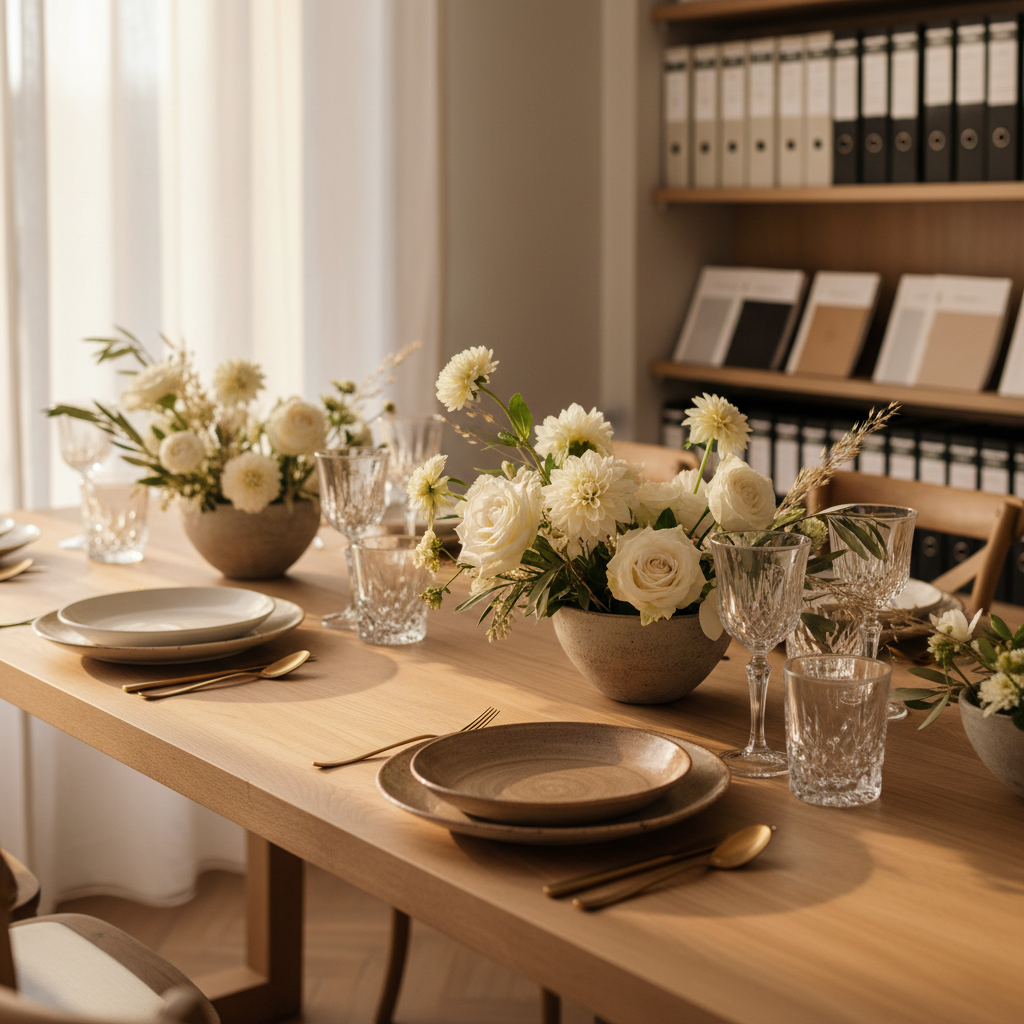 A refined reception table vignette showcasing vendor curation: a long, natural oak table set with mismatched yet harmoniously coordinated ceramic plates in warm whites and soft taupes, crystal stemware, and brushed gold flatware. Low stoneware bowls overflow with seasonal white and cream flowers, olive branches, and dried grasses, hinting at Sicilian landscapes. In the background, blurred shelves display neatly labeled sample binders and carefully arranged catalogues. Soft golden hour sunlight filters through sheer curtains, creating a warm, luminous glow and delicate reflections on the glass. Photographic realism, eye-level composition with a gentle diagonal leading line along the table, capturing a serene, sophisticated mood that communicates meticulous selection of wedding suppliers without showing any people.