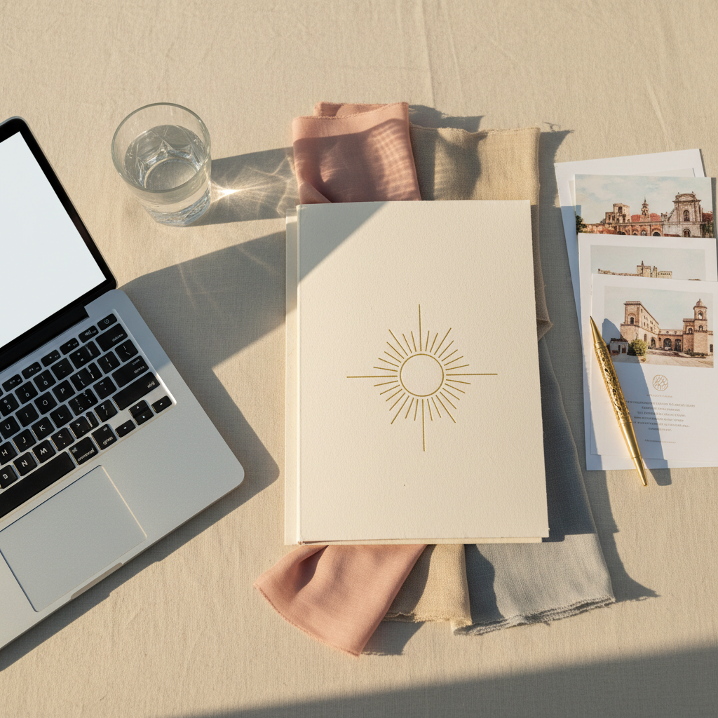 A refined flat-lay of elegant wedding planning materials arranged on a pale ivory linen tablecloth. At the center lies a creamy, textured wedding folder embossed in gold with a minimalist sun motif, surrounded by fabric swatches in soft blush, sand, and dove gray, neatly organized vendor brochures, and a delicate brass pen. A thin laptop with a blank, softly glowing screen sits to one side, next to a crystal water glass. Gentle late-afternoon natural light streams in from the left, creating long, graceful shadows and subtle highlights on metallic details. Photographic realism, shot from a true overhead bird’s-eye view with a shallow depth of field at the edges, evoking a sophisticated, calm, and highly curated atmosphere for a Palermo wedding agency.